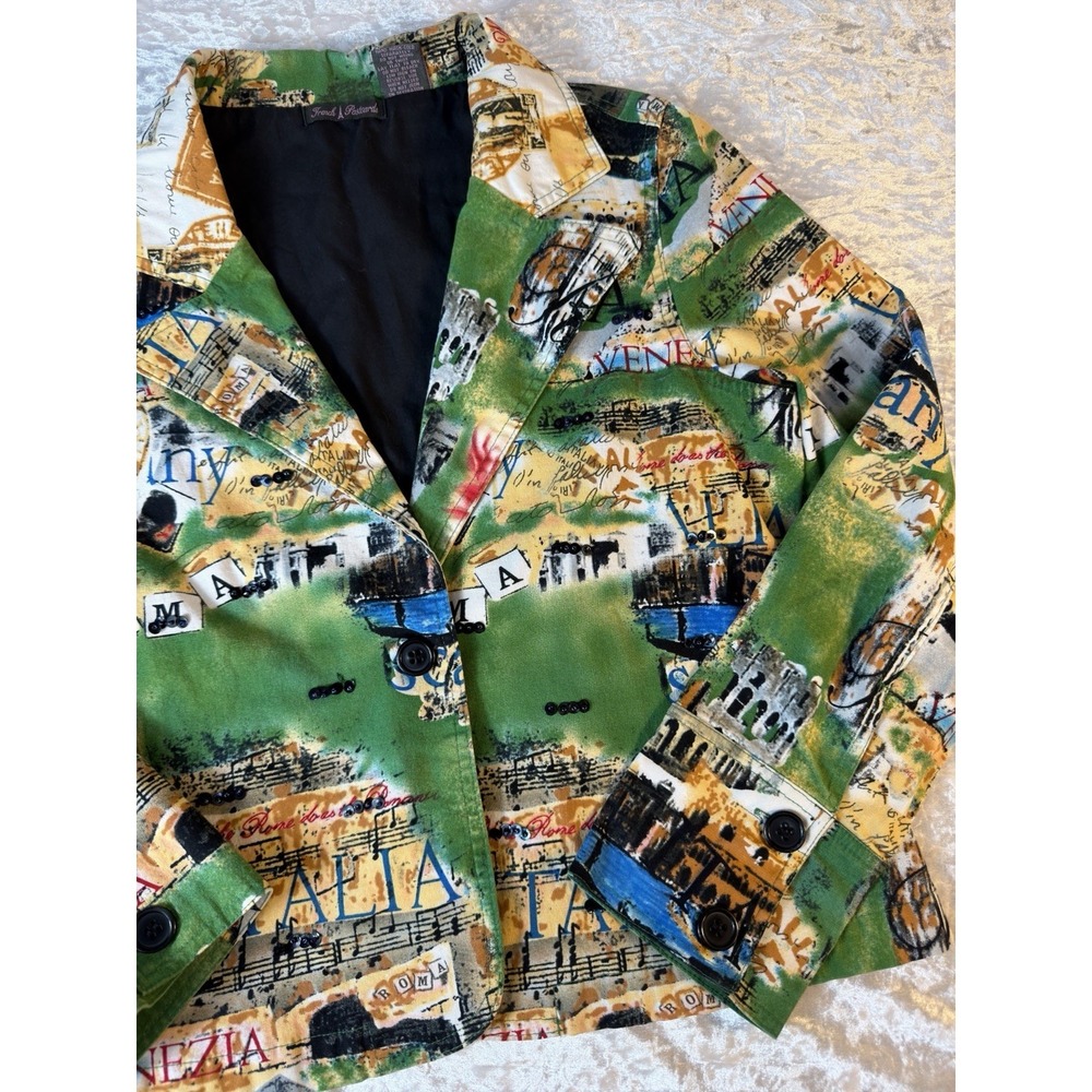 Trudi A Postcards Italy Print Blazer Jacket Womens L‎ Art To Wear Roma Venezia - Picture 3 of 13